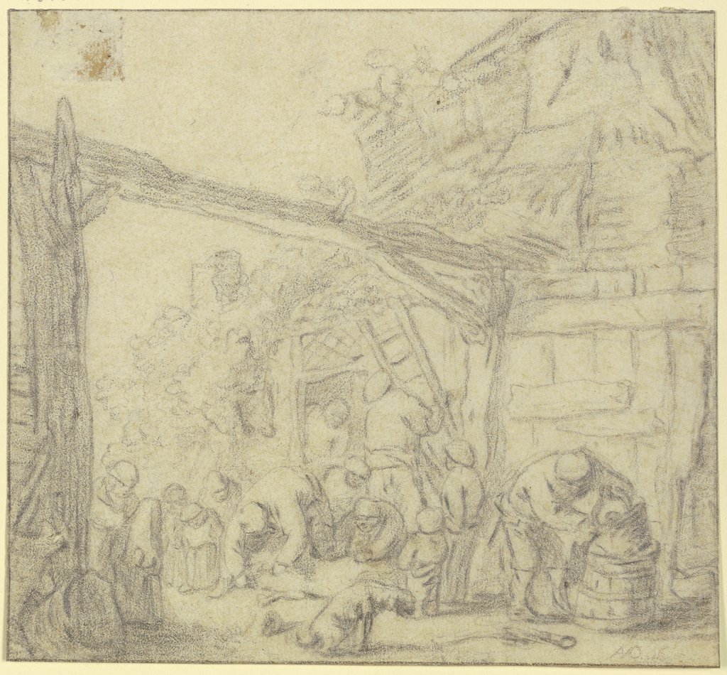 Schweineschlachten im Hof, Unbekannt, 17. Jahrhundert, nach Adriaen van Ostade