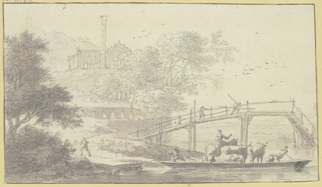 Unter einem Fluss führt ein Steg, darunter ein Kahn mit Menschen und Vieh, Evert Oudendijck