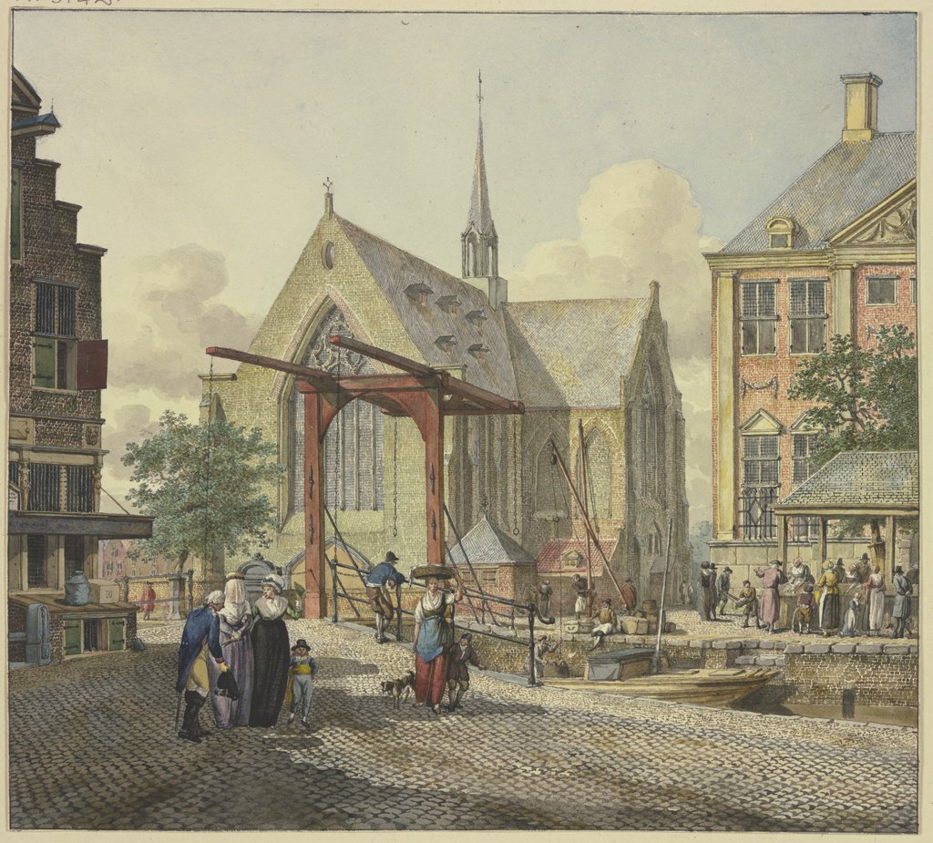 Schleusentor bei einer Kirche, links eine verschleierte Dame, ein Offizier und eine Dame mit einem Knaben, Johannes Huibert Prins