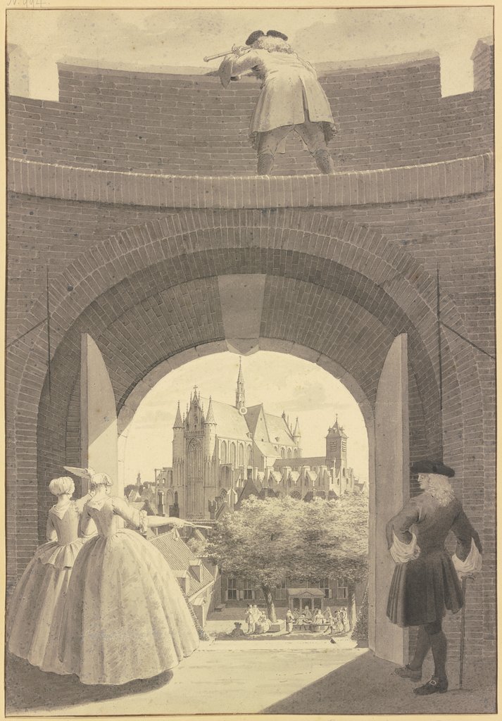 Die Hooglandse Kerk in Leiden, durch ein geöffnetes Tor in der Ringmauer der Burcht van Leiden gesehen, Cornelis Pronk