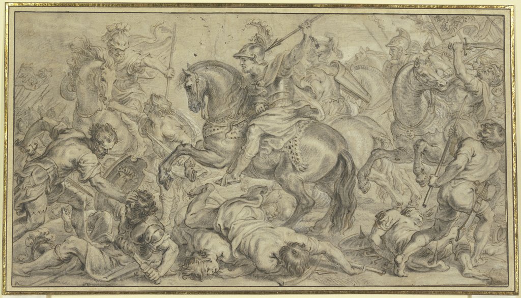 Eine Schlacht, in der Mitte ein Heerführer zu Pferde, den Wurfspieß in der Hand, Erasmus Quellinus d. J.;   ?