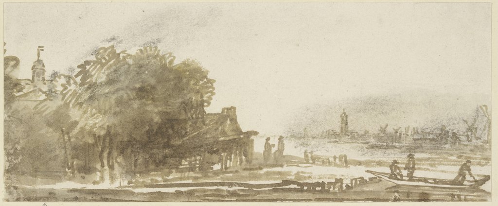 Landschaft, links Bäume und Gebüsch, rechts ein Boot mit drei Männern, in der Ferne eine Stadt mit einer Windmühle, Philips Koninck;   zugeschrieben