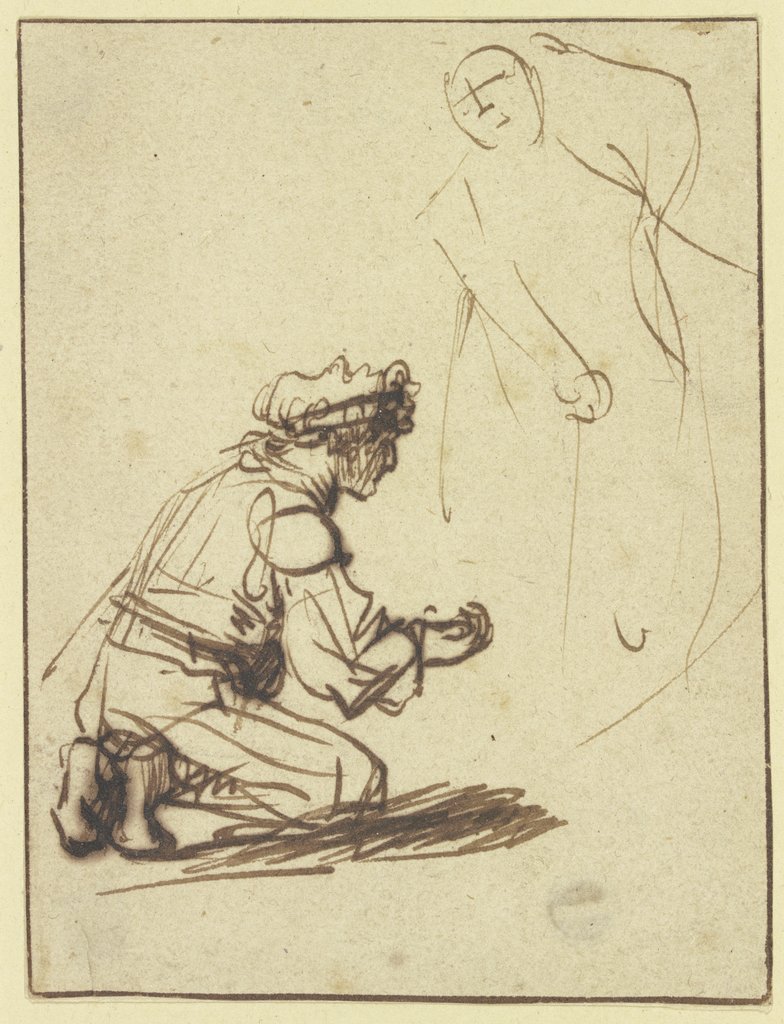 Vor einer nur angedeuteten Gestalt kniender Mann, Rembrandt Harmensz. van Rijn;   ?