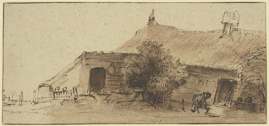 Bauernhaus, davor ein Baum und eine sich bückende Figur, Rembrandt Harmensz. van Rijn;  school