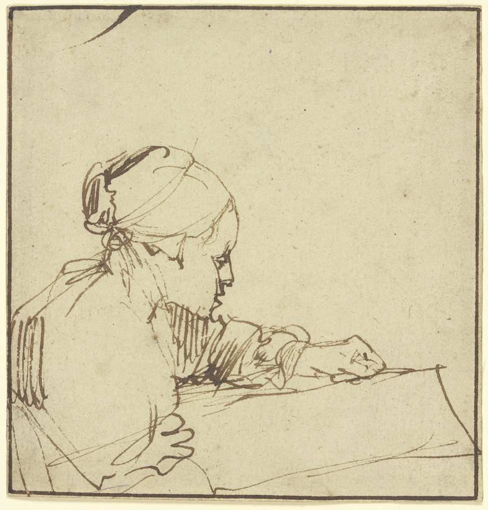 Halbfigur einer im Profil nach rechts sitzenden jungen Frau, die in einem Buch liest, Rembrandt Harmensz. van Rijn;  Schule