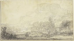 Rembrandt Harmensz. van Rijn;   ?, Fantasielandschaft mit hohem Felsengebirge, 1642