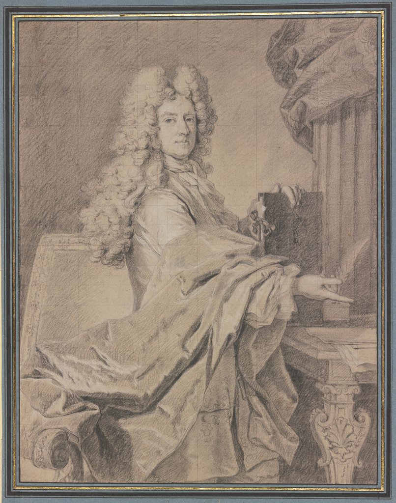 Kniestück eines Mannes mit Allongeperücke, am Schreibtisch stehend eine Mappe haltend, Robert Levrac-Tournières