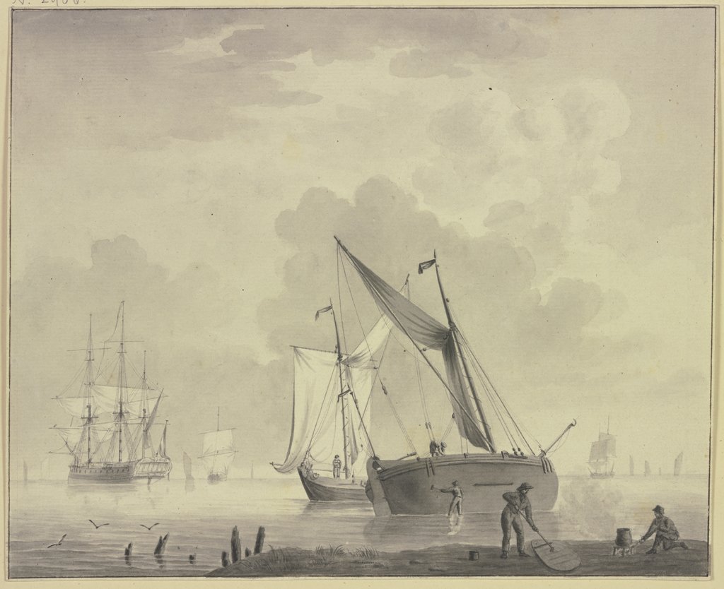 Ruhige See mit Schiffen, vorne rechts sind Matrosen mit dem Teeren eines Schiffes beschäftigt, Cornelis Thim