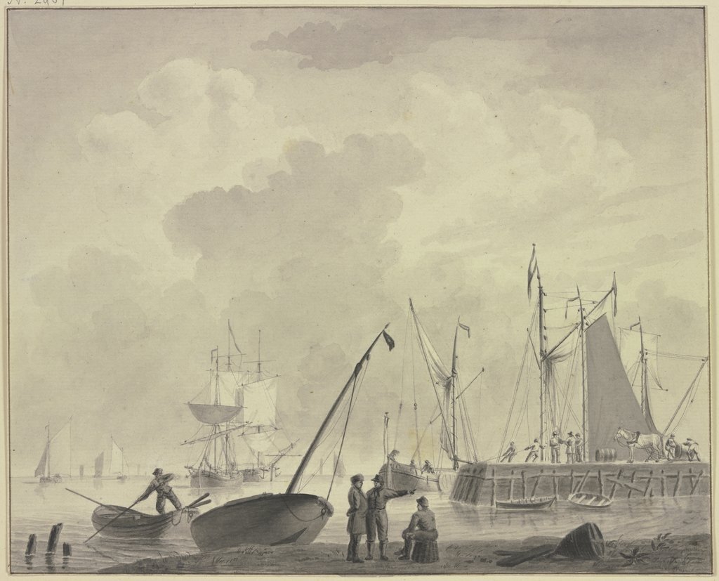 An einem Damm ziehen Matrosen ein Schiff vorbei, Cornelis Thim