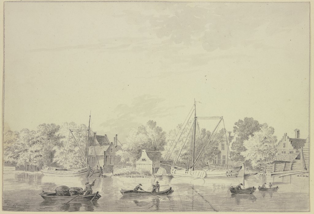 Dorf am Ufer eines Flusses, Schiffe liegen am Ufer und vier Boote fahren auf dem Fluss, Hendrik Tavenier