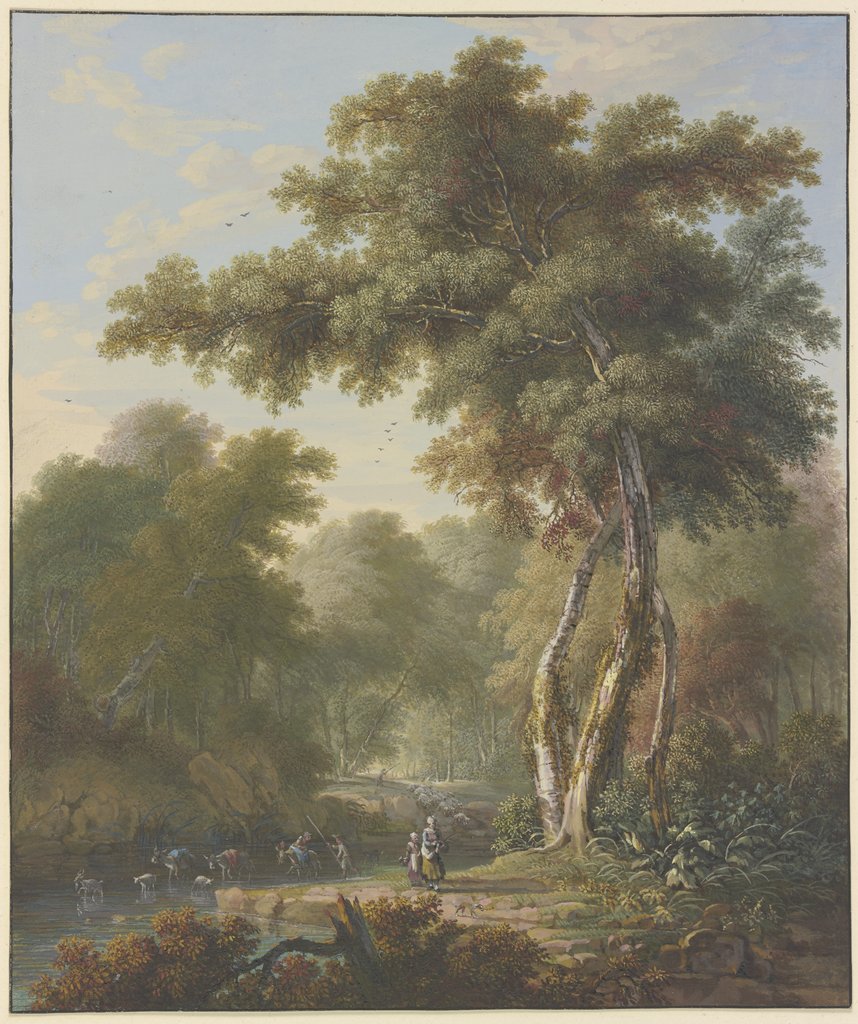 Waldlandschaft, Esel und Ziegen gehen durch ein Wasser, Cornelis Troost;   ?, Carl Trost;   ?
