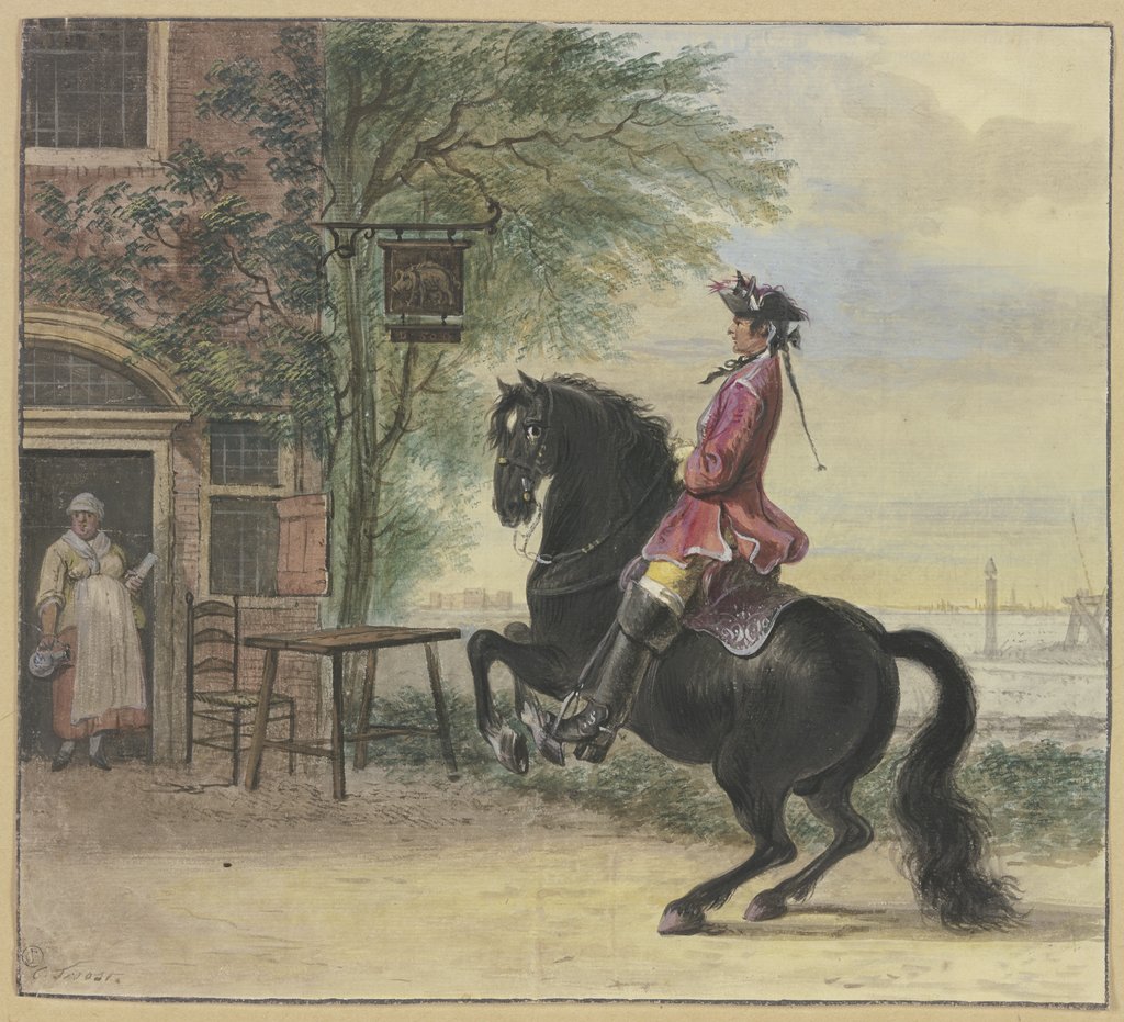 Ein Reiter mit Dreispitz und Zopf, im Hintergrund eine Kanallandschaft, Cornelis Troost