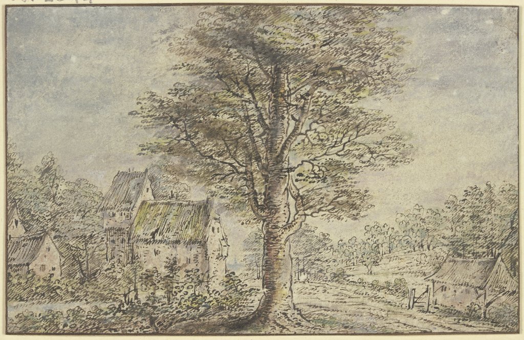 Dorfansicht, in der Mitte ein Baum, Lucas van Uden