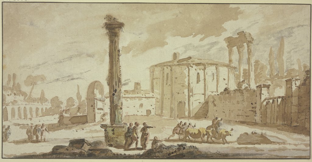 Von Ruinen umstandener Platz mit einer frei stehenden Säule, die Rotunde dem Tempel des Hercules Victor auf dem Forum Boarium in Rom nachempfunden, Jacob van der Ulft