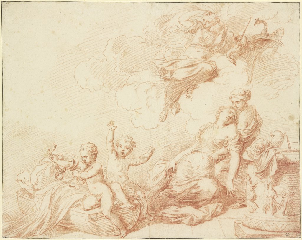Der Herkulesknabe erwürgt in seiner Wiege die zwei von Hera gesandten Schlangen, Louis Testelin;   ?, Französisch, 17. Jahrhundert