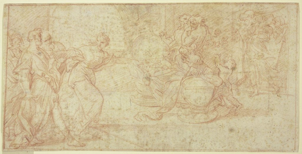 Männer und Frauen bei einem Kind in der Wiege (Anbetung der Hirten?), Französisch, 17. Jahrhundert