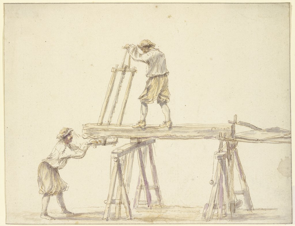 Two men sawing wood, French, 17th century