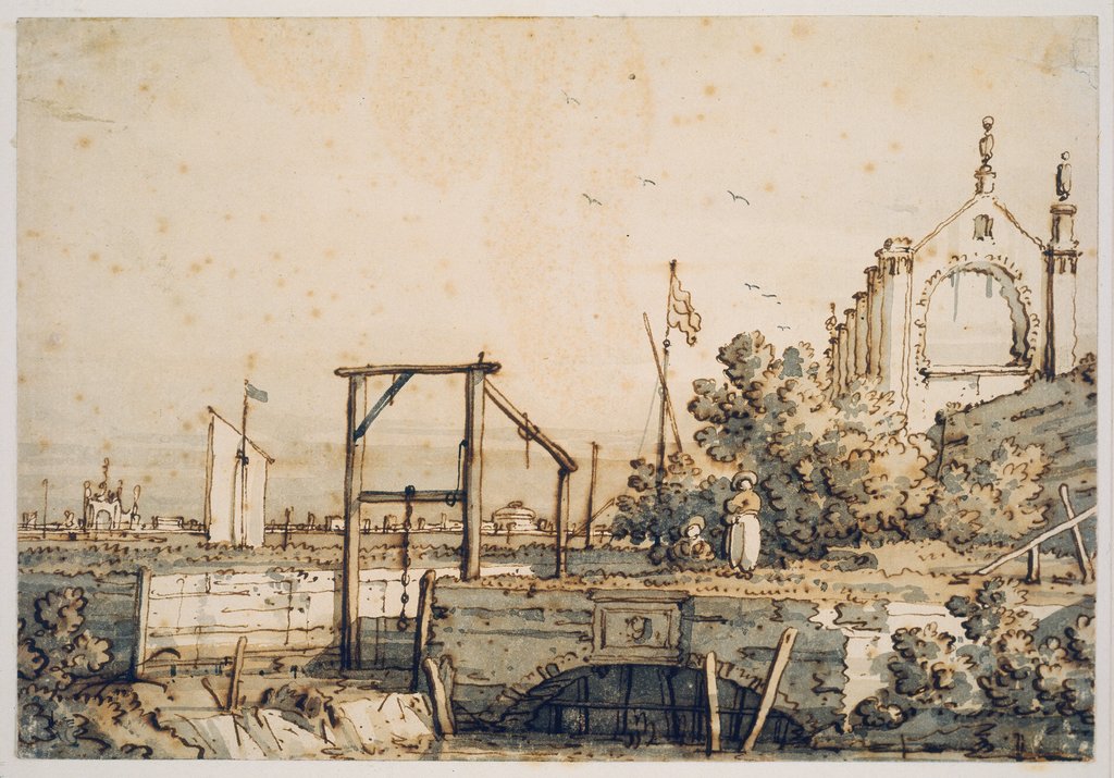 Capriccio mit einem Schleusentor an einem Fluß, Canaletto (Giovanni Antonio Canal)