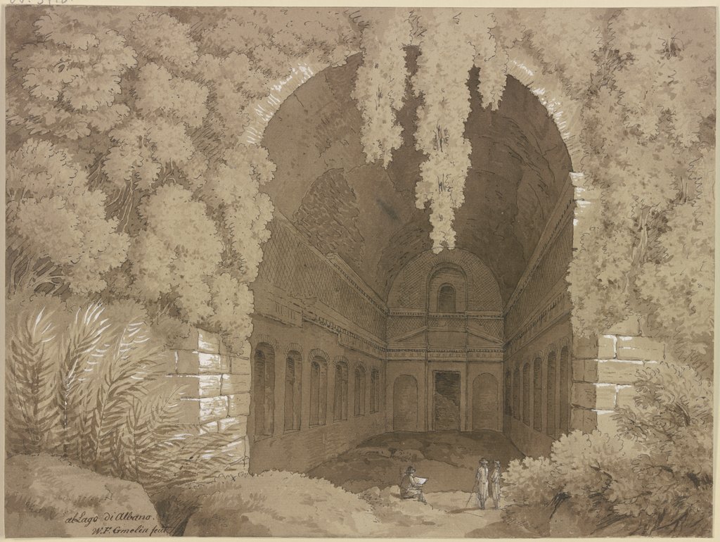 Blick in eine antike, tonnengewölbte Grotte, im Vordergrund vor der von Gebüsch umrahmten Öffnung sitzt ein Zeichner, neben ihm stehen zwei Zuschauer, Friedrich Wilhelm Gmelin