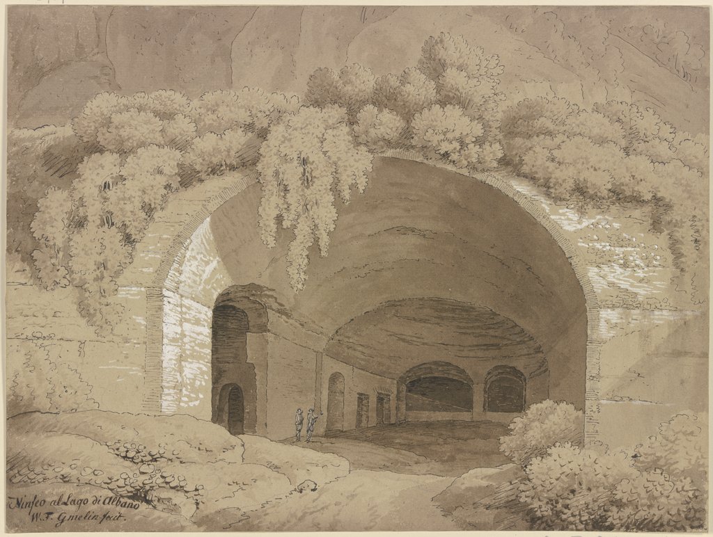 Blick in ein antikes Gewölbe an einem Berghang, von Buschwerk umrahmt, in der Grotte zwei Figuren, Friedrich Wilhelm Gmelin