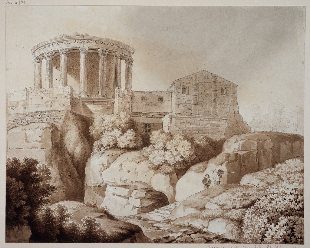 Der sogenannte Sibyllentempel zu Tivoli, der Tempel steht von Gebäuden umgeben über baumbestandenen Felsen, rechts kommen zwei Träger einen Stufenweg herab, Friedrich Wilhelm Gmelin