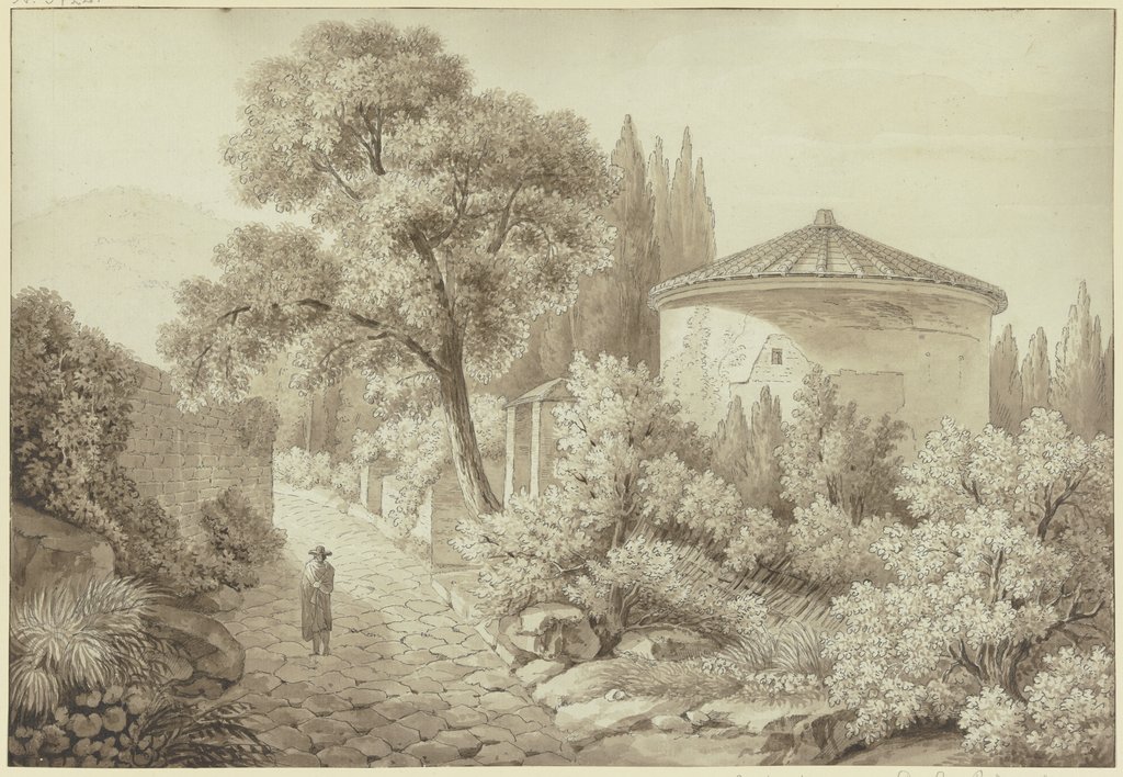 Antiker Tempel an der Via Appia bei Ariccia, rechts neben einer gepflasterten Straße steht ein Rundtempel, von Bäumen und Buschwerk umgeben, ein Wanderer steht links vor dem Mauerwerk, Friedrich Wilhelm Gmelin
