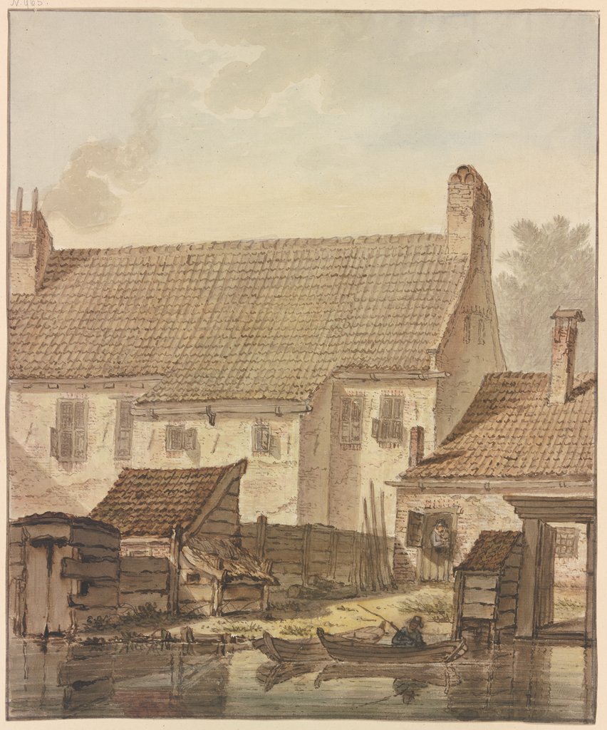 Häuserzeile am Wasser, vorne zwei Kähne mit einem Angler, Johannes Hendrik Knoop