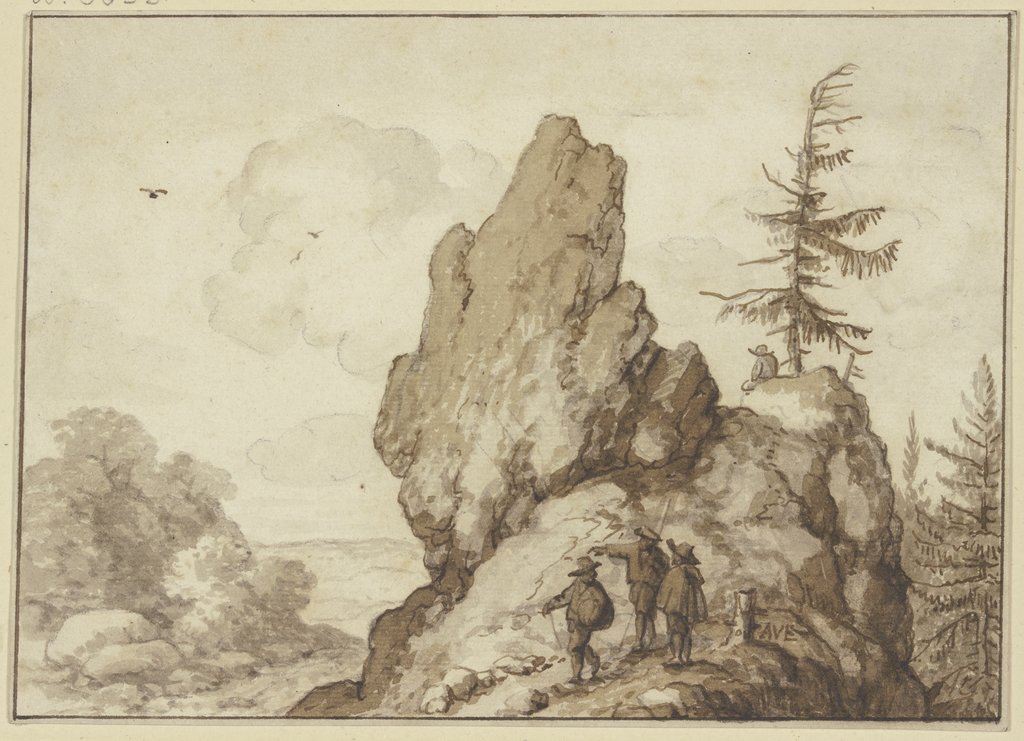 Einzeln stehender Fels mit einer Tanne, dabei drei Männer, ein vierter sitzt unter der Tanne, Allaert van Everdingen