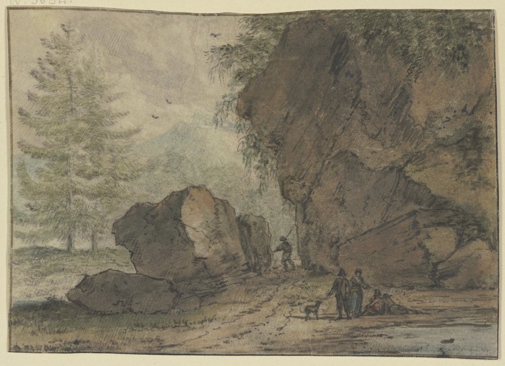 Große Felspartie bei einer Pfütze, an welcher mehrere Figuren stehen und sitzen, Allaert van Everdingen