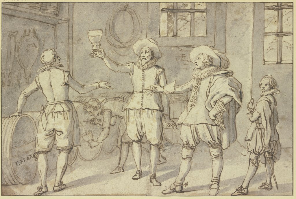 Ein Kavalier gefolgt von seinem Pagen, der seinen Degen trägt, lässt in einem Keller Wein probieren, Frans Francken I