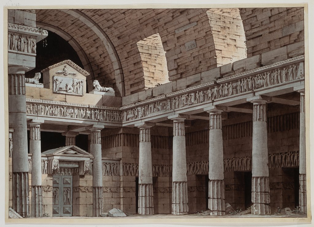 Dorische Säulenhalle mit Rundbogengewölbe und einem Portal mit zwei Sphingen, Giorgio Fuentes