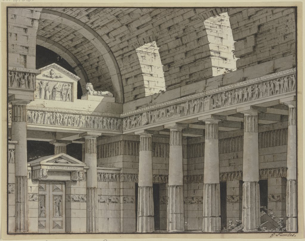 Dorische Säulenhalle mit Rundbogengewölbe und einem Portal mit einer Sphinx, Giorgio Fuentes