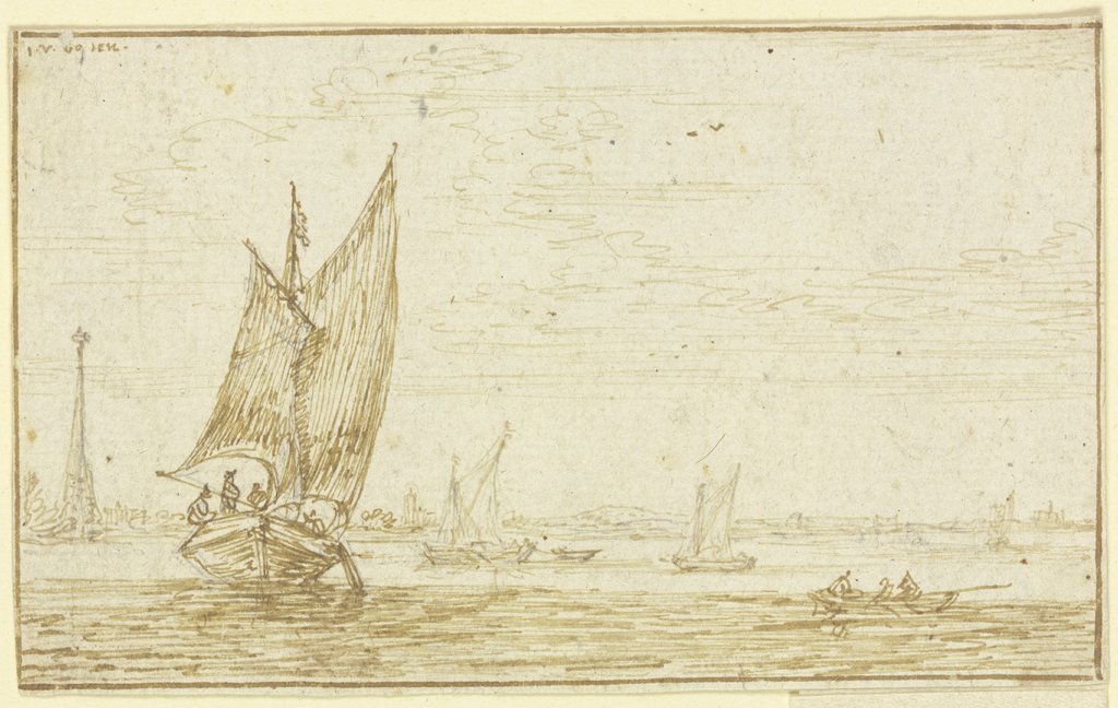 Marine, links segelt ein Boot, rechts ein Ruderboot, Jan van Goyen