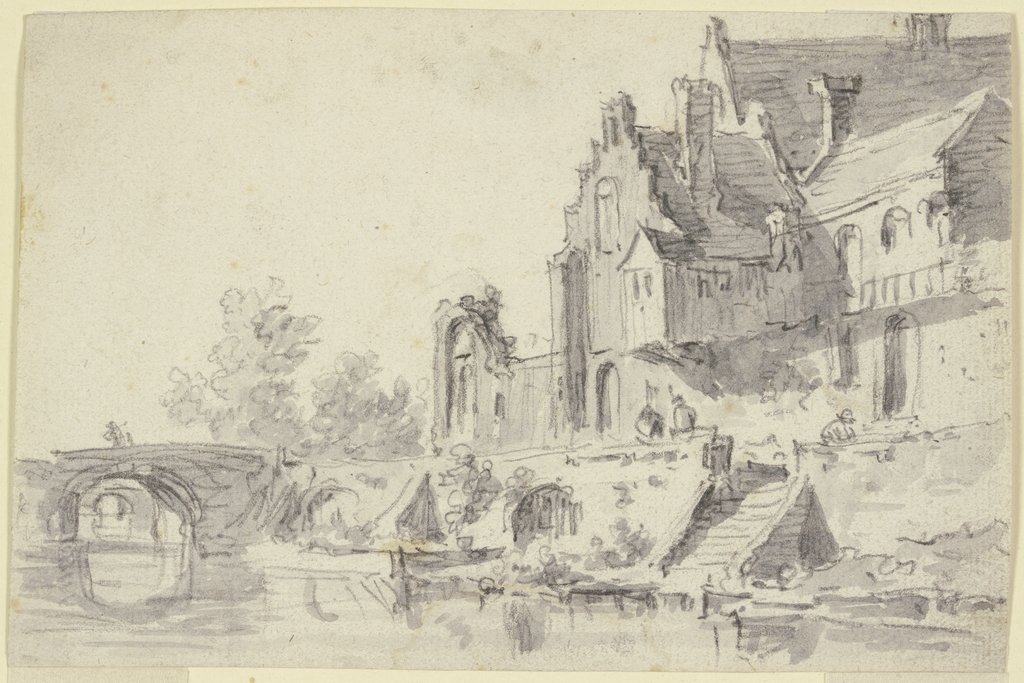 Rechts an einem Wasser alte Häuser mit einer Treppe, über das Wasser führen zwei steinerne Brücken, Jan van Goyen