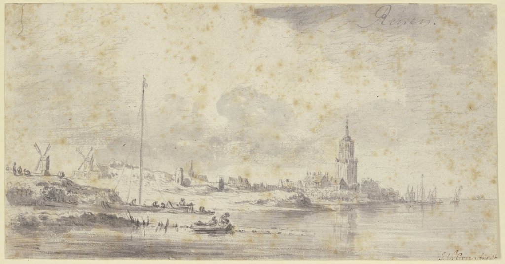 Links an einem Fluss eine Stadt mit Kirche und Festungsmauer, weiter links zwei Windmühlen, Jan van Goyen;   ?