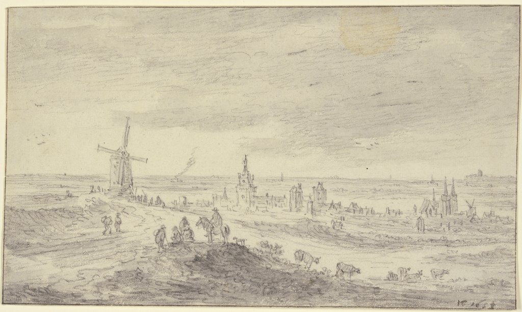 Eine befestigte Stadt mit vielen Häusern, vorn links eine Windmühle, dabei viele Figuren, vorn ein Reiter, Leute zu Fuß, Jan van Goyen