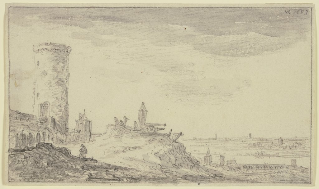 Befestigung, bei einem Kundeturm zwei Kanonen und ein Schilderhaus, Jan van Goyen