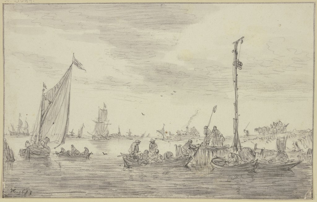 Ein hoher Signalmast halbrechts auf einer Landungsstelle, an der Ruderboote liegen, Jan van Goyen