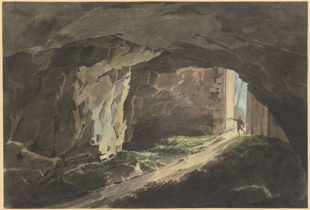 Ein Maler läuft mit seinem Zeichenbrett in eine mit einem gewaltigen Tor verschließbare Felshöhle, Jean Grandjean