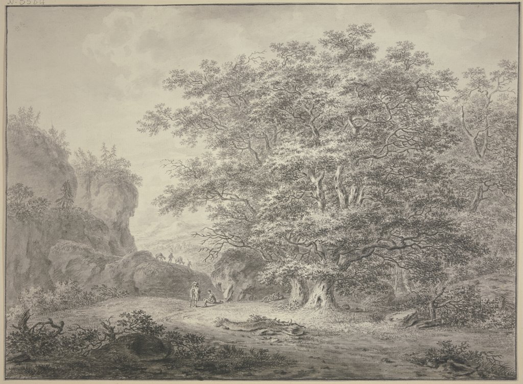 Waldpartie, links Felsen über welche zwei Maultiere mit ihren Führern kommen, Jan Evert Grave