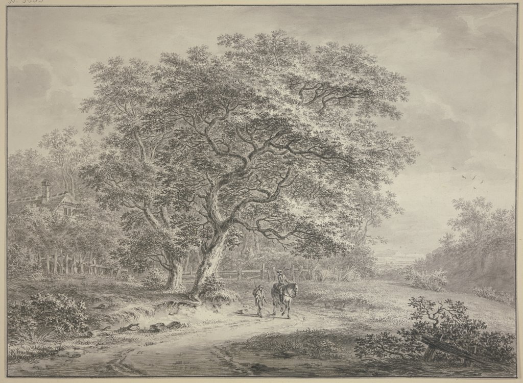 Waldesrand mit einem Zaun eingefasst, unter zwei großen Bäumen ein Reiter und ein Fußgänger, Jan Evert Grave