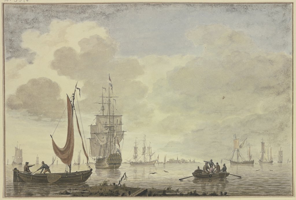 Marine, rechts ein Ruderboot mit fünf Figuren, Cornelis de Grient