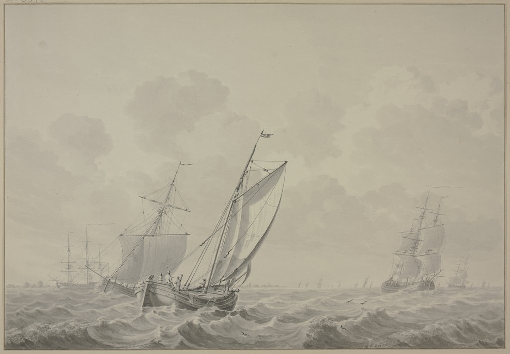 Bewegte See mit vielen Schiffen, vorne eine Barke mit vier Mann nach rechts segelnd, Cornelis de Grient
