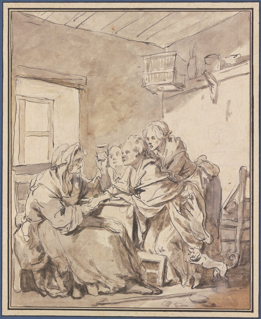 Alte Frau, drei jungen Frauen aus einem Glase wahrsagend, Jean-Baptiste Greuze