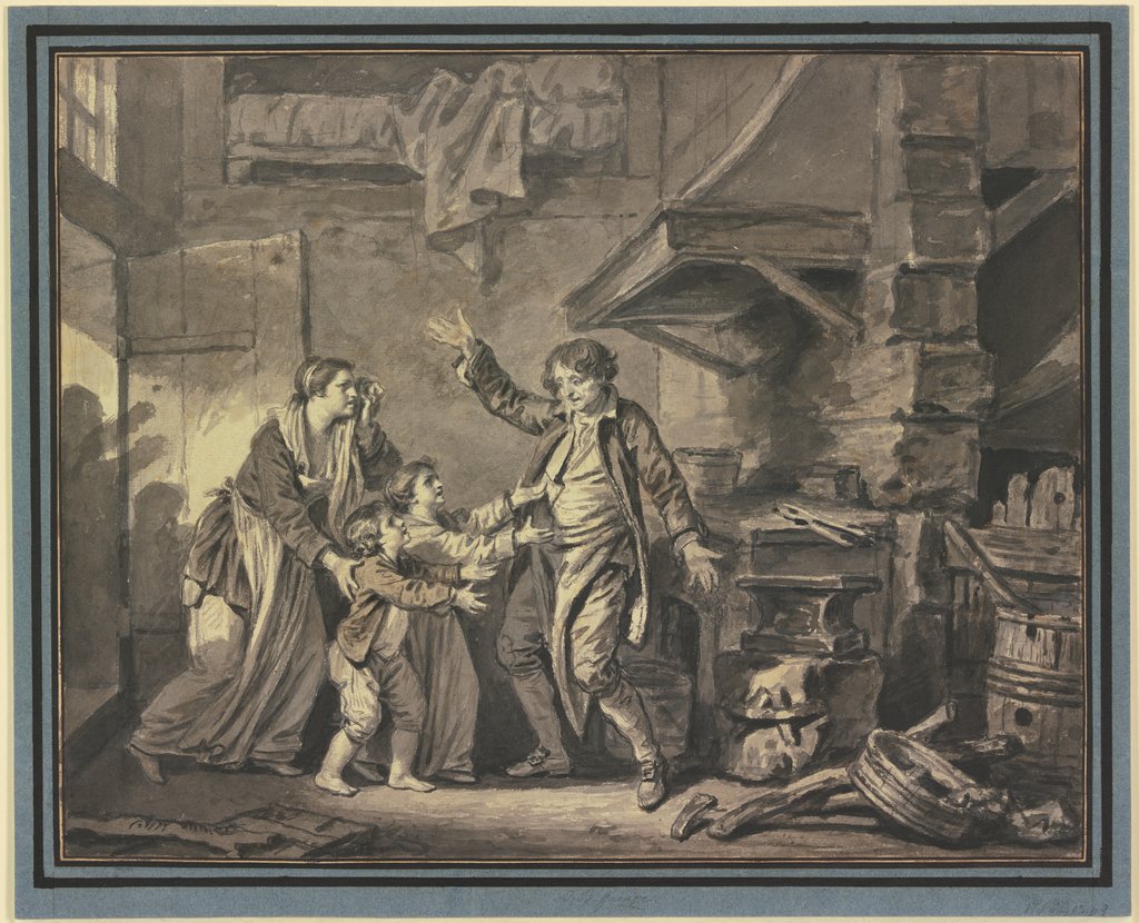 In einer Schmiede fleht ein Weib mit zwei Kindern einen Mann an, Jean-Baptiste Greuze