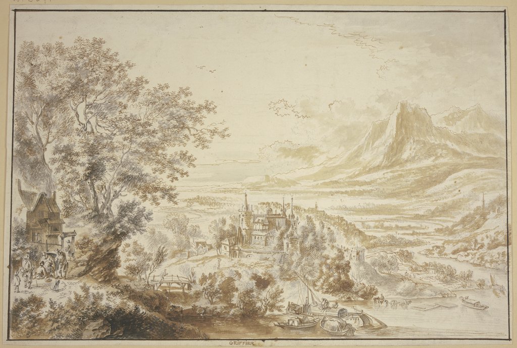 Ein Schloss an einem Fluss zwischen Bergen, links unter einer Baumgruppe ein Haus, dabei einige Figuren, Jan Griffier I
