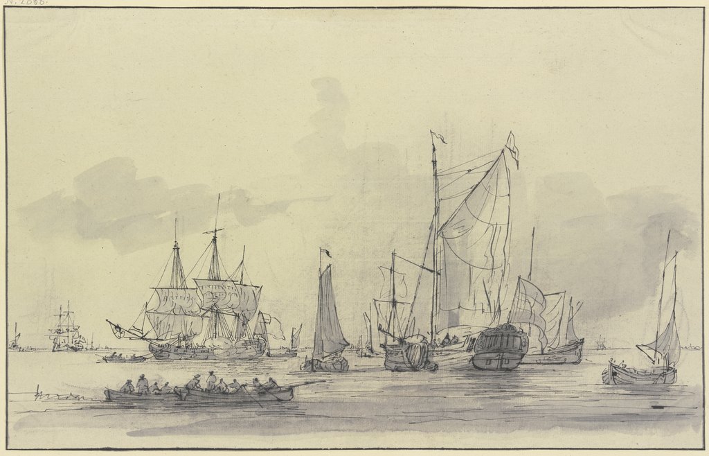 Viele Schiffe bei ruhiger See, links vorn zwei Ruderboote, Gerrit Groenewegen