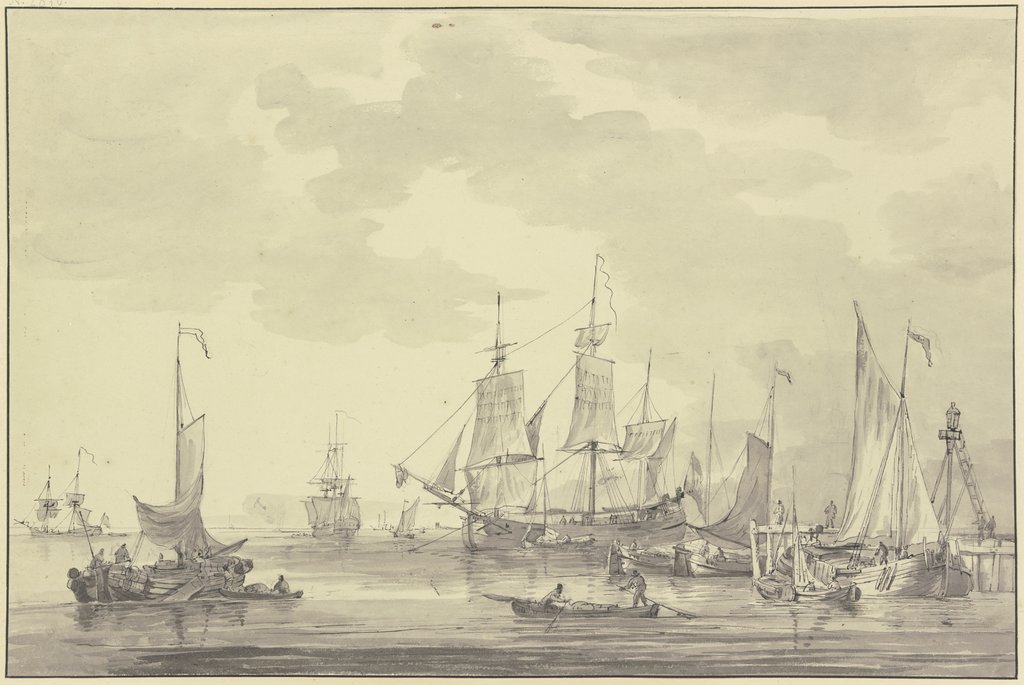 Schiffe vor einem Damm mit Laterne und Leiter, Gerrit Groenewegen