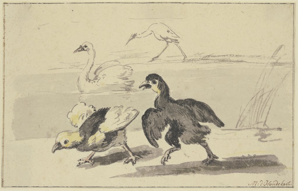 Zwei junge Schwäne nach links laufend, auf dem Wasser das Elterntier, hinten ein Storch, Melchior de Hondecoeter;   ?