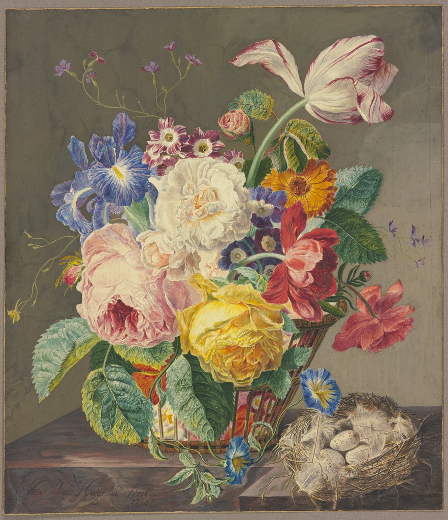 Blumen in einem geflochtenen Korbbei einem Vogelnest, Jan van Huysum